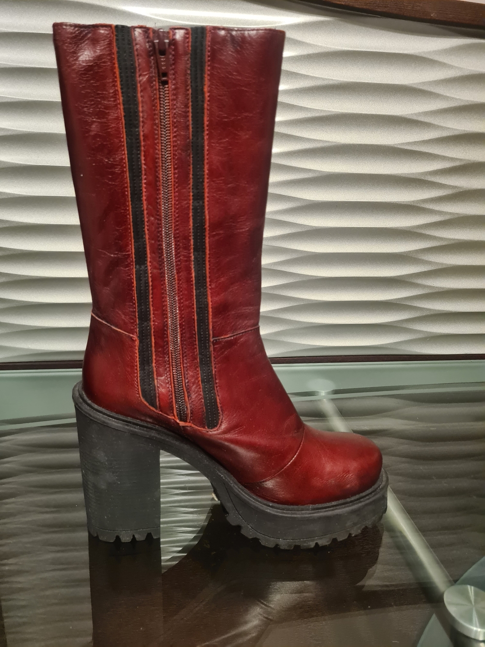 Free People Burgundy Platform Leather Boot with Chunky Heel
